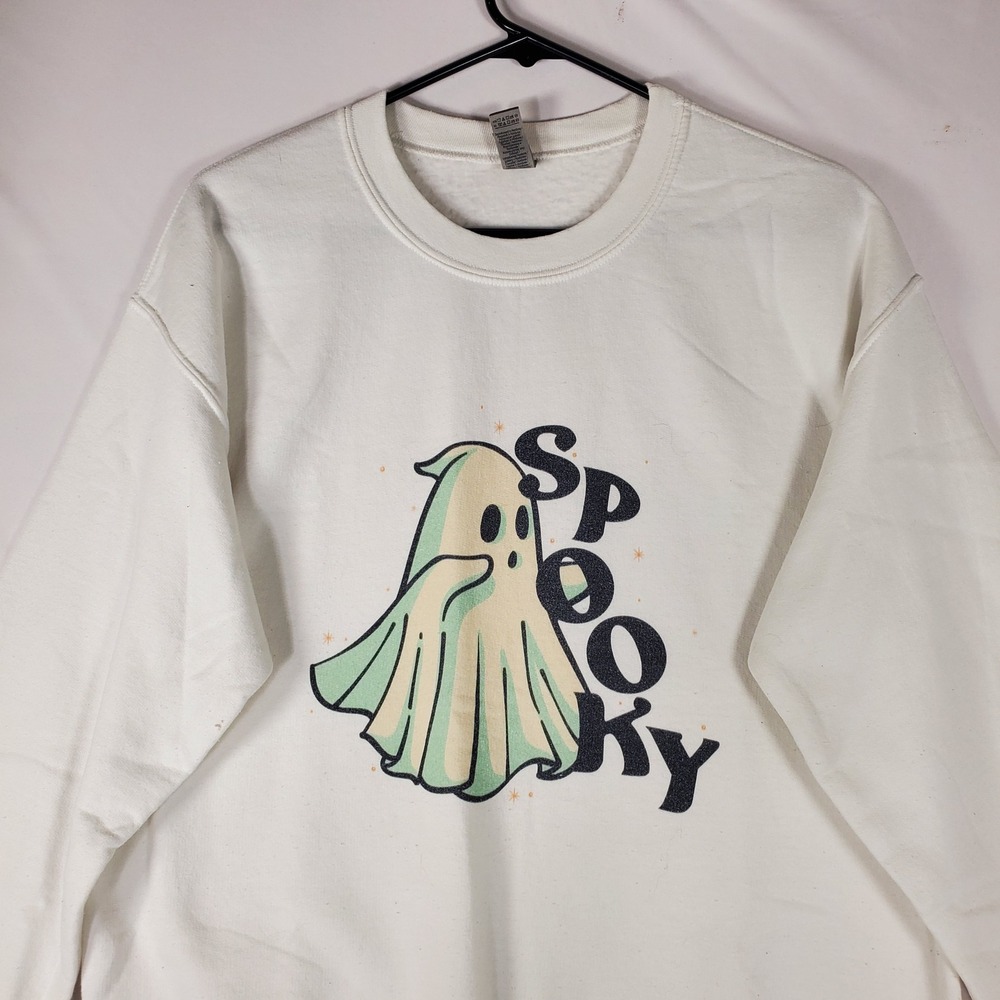 Gildan Heavy Blend White Spooky Ghost Halloween Crewneck Sweatshirt Medium